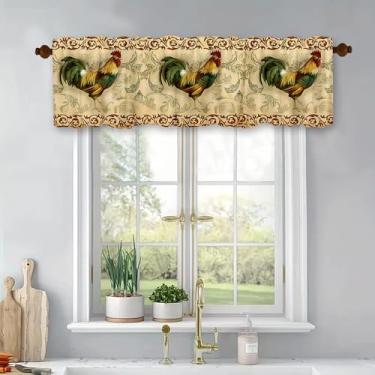 Imagem de Cortinas de cozinha Farm Rooster textura vintage tratamento de janelas sanefas amarelas blackout painel superior com bolso para varão para banheiro, quarto, sala de estar, 137 x 45 cm