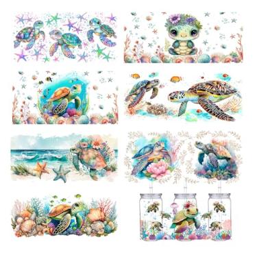 Imagem de Adesivos de transferência de caneca com design de tartaruga UV DTF (8 peças) - Decalques de vidro à prova d'água para canecas Libbey de 473 ml, móveis/marcenaria, artesanato faça você mesmo