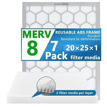 Imagem de OlitAir Filtro de ar MERV 8 20 x 25 x 1, filtro de ar para forno AC, moldura de plástico ABS reutilizável, pacote com 7 meios de filtro substituíveis (tamanho real: 49 cm x 61 cm x 9 cm)