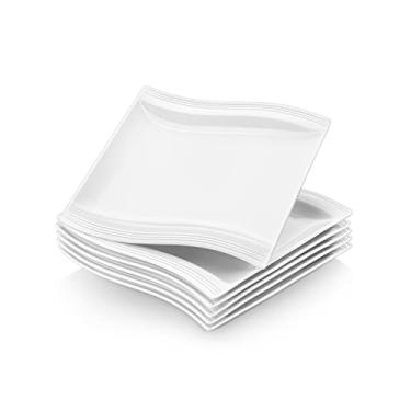 Imagem de MALACASA Pratos de jantar, pratos brancos de porcelana de 20 cm, conjunto de 6, pratos de sobremesa quadrados de cerâmica, pratos de cozinha, pratos de servir seguros para micro-ondas e lava-louças, série Flora