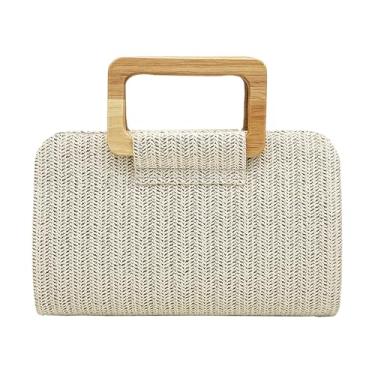 Imagem de U·helper Bolsa clutch de palha, bolsa noturna de tecido com alça de madeira, bolsa transversal de praia de verão, bolsa feminina boho para férias, Bege
