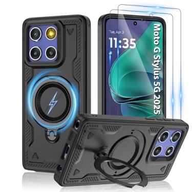 Imagem de Capa magnética para Motorola Moto G Stylus 5G 2025, compatível com MagSafe e [protetor de tela HD × 2], suporte giratório de metal, proteção antidigitais à prova de quedas de grau militar, preta