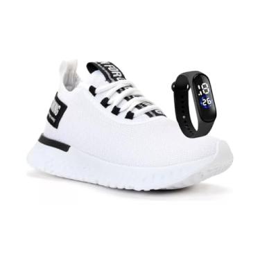 Imagem de Tênis Masculino Esportivo Para Academia de Caminhada Original Leve Confortável + Relogio (Branco, BR, Adulto, Numérico, P, 43)