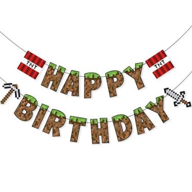 Imagem de Banner de feliz aniversário estilo pixel – sem bricolage – Guirlanda temática de videogame pré-amarrada com TNT, picareta e espada – suprimentos de decoração de festa de jogos para meninos, crianças e