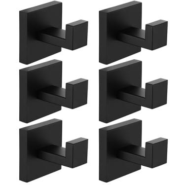 Imagem de Nolimas Pacote com 6 ganchos de toalha preto fosco de aço inoxidável para banheiro à prova de ferrugem gancho de toalha montado na parede vaso sanitário cozinha cabide de porta resistente