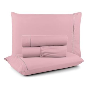 Imagem de Jogo de Lençol Queen Box com Elástico, 400 Fios Micropercal, 3 Peças com Ponto Palito, Cinza, 198x158x30cm (rosa)