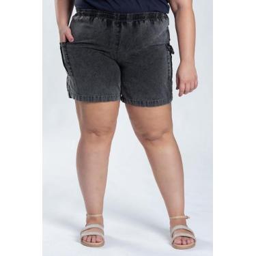 Imagem de Bermuda Feminina Plus Size Sarja Estonada Bolso Cargo Elástico Cintura