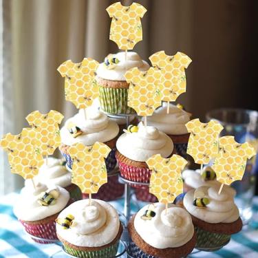Imagem de Body de abelha para cupcake - Topper de cupcake de chá de bebê de abelha, decorações de body, decoração de bolo revelação de gênero (abelha)