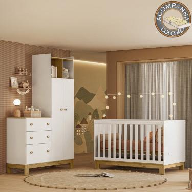 Imagem de Quarto de Bebê com Berço Mini Cama e Roupeiro com Cômoda QEncanto Slim Freijó Branco Acetinado Qmovi + Colchão Gazin 