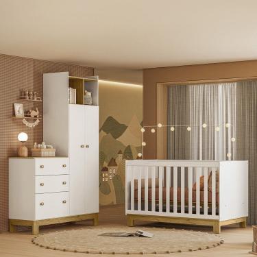 Imagem de Quarto de Bebê com Berço Mini Cama e Roupeiro com Cômoda QEncanto Slim Freijó Branco Acetinado Qmovi