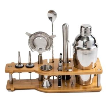 Imagem de ZZTWER Kit de bartender, conjunto de 10 peças de coqueteleira de aço inoxidável com suporte de madeira, kit de barman de coquetel, conjunto de ferramentas de bar para misturar bebidas em casa, kit de