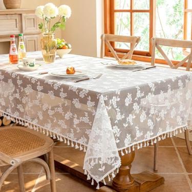 Imagem de KAIJIE Toalha de mesa de material de poliéster, design de renda vazada, decoração retangular, toalha de mesa jacquard para cozinha, sala de jantar, restaurante 140 x 140 cm