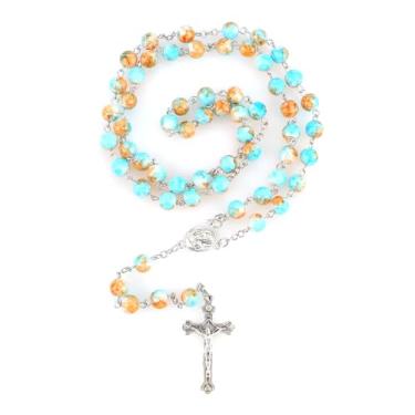 Imagem de Rosário católico para mulheres, rosário de imitação feito à mão com cruz de crucifixo, presentes de primeira comunhão, presentes cristãos de cruz de parede