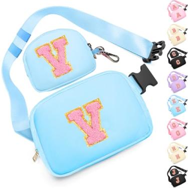 Imagem de Presentes de aniversário para meninas de 4, 5, 6, 7, 8, 9, 10, 11, 12 e 13 anos, pochete com aplique de letra inicial para mulheres, meninas e adolescentes, Azul, Medium, V