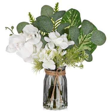 Imagem de Orquídeas brancas flores artificiais com vaso de flores falsas em vaso hastes artificiais de eucalipto em vasos de vidro com água falsa orquídea falsa com arranjo de plantas perenes para mesa de