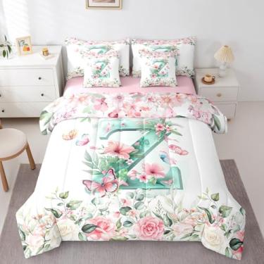 Imagem de Erosebridal Conjunto de cama infantil, monograma, letra Z, solteiro, 7 peças, personalizado, letra Z, para decoração de quarto de meninos e meninas, conjunto de cama de jardim e borboletas florais