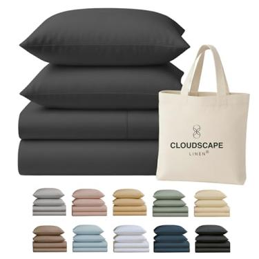 Imagem de Cloud Scape Linen Jogo de cama casal 100% algodão egípcio, 400 fios, macio, durável e respirável, bolso profundo de até 40 cm, carvão