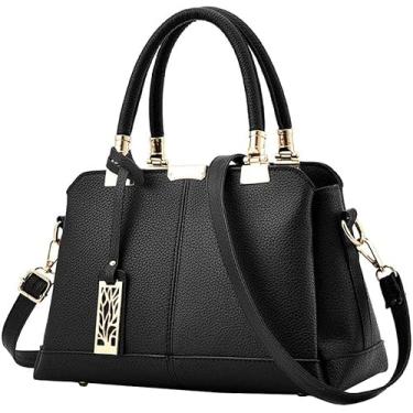 Imagem de Bolsa Feminina Lychee Pattern Top Handbag Tote Bag Pasta Com Alça De Ombro De Couro Destacável, Black