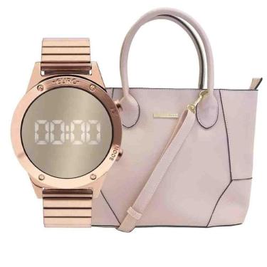 Imagem de Kit Relógio Feminino Rose Euro + Bolsa Rose + Lente Olho Pei