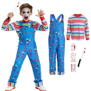 Imagem de EJWCIG Chucky Costume for Kids Boys Halloween Cosplay Scary Killer Costumes Jumpsuit Props Outfit (B, 140)