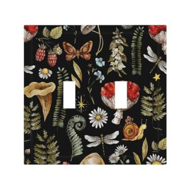 Imagem de Cogumelo Vermelho Vintage Rústico Planta Verde e Floral Dupla Alternância Placa de Parede Decorativa 2 Gangs Tampa de Interruptor de Luz Receptáculo Elétrico Tomada Face Plate Cover
