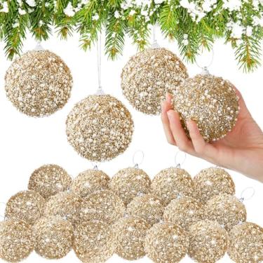 Imagem de Lyrow Conjunto de 24 peças de enfeite de bola de Natal com glitter de 8 cm bola de Natal a granel de espuma de lantejoulas de Natal enfeite decorativo pendurado para decoração de festa na árvore (ouro