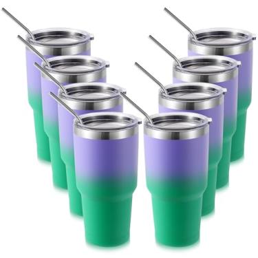 Imagem de Volhoply Pacote com 8 copos isolantes 900 ml com tampa e canudo, canecas de café de viagem de parede dupla para bebidas quentes/frias, cabe em porta-copos de carro, sem BPA (roxo-verde, 8