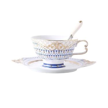 Imagem de hezhuhe2258 Caneca de café 200 ml Home Light Luxuosa Cerâmica Caneca de Café Estilo Inglês Conjunto de Pires de Xícara de Chá com Armazenamento de Colher (Azul)