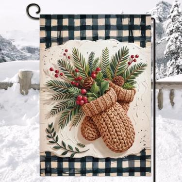 Imagem de Luvas de agulha de pinheiro, bandeira de jardim de Natal, luvas de Natal de dupla face, bandeira de casa de férias de inverno, decoração externa de Natal sazonal para quintal gramado e pátio 30,5 x