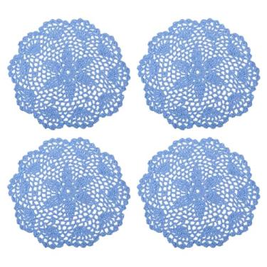 Imagem de Doilies de crochê, 4 peças de 20 cm - porta-copos de crochê feito à mão, jogo americano de renda redonda com padrões florais para decoração de festa de casamento (azul)