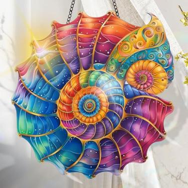 Imagem de Acrílico colorido Suncatcher, decoração de janela suspensa em concha com design de vitral impresso, apanhador de sol, arte de parede de arco-íris, ornamentos de Natal para uso interno e externo 19,8 x