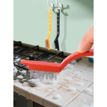 Imagem de 3 escovas de arame limpas – cerdas de nylon/latão/aço inoxidável com cabo curvo para ferrugem, graxa, sujeira e tinta – escova de fenda com cabo curvo (17 cm) – fogão a gás, forno, defumador, lacunas