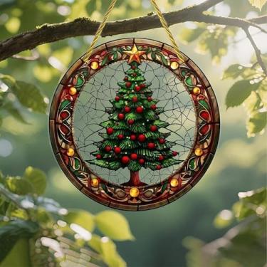 Imagem de Acrílico colorido Suncatcher, árvore de Natal, vitral de 18 cm, decoração de parede de janela suspensa com design de vitral impresso, ideia de presente e ornamento de jardim, uso interno e externo