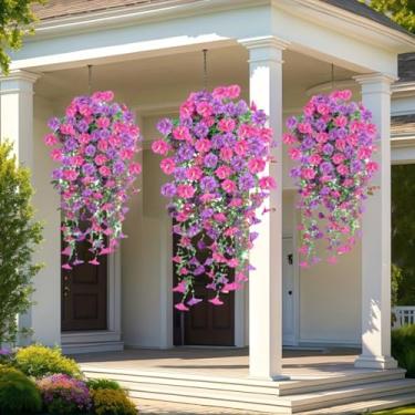 Imagem de 2 conjuntos de flores suspensas, glória mista têxtil e folhas de eucalipto, resistentes a raios UV, plantas artificiais reais