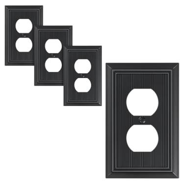 Imagem de Pacote com 4 placas clássicas para tomada frente e verso, placas decorativas pretas foscas, placas de parede de fibra de bambu natural para tomadas elétricas, 1 capa de receptáculo