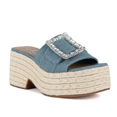 Imagem de Sugar Sandálias femininas de alpargatas com plataforma sem cadarço – Slide de cunha grossa com cabedal de tecido e fivela de strass – Sapato moderno de verão para uso casual e na praia, Jeans azul, 38