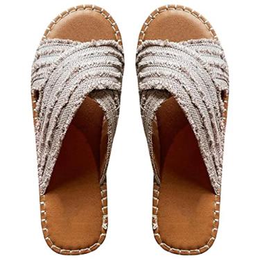 Imagem de CLEO ESPADRILLE SLIDES, Cleo Cross Sandals-Flat Bottom Têxtil Cruzado Cabedal Borracha Espadrille Sola Sandálias, Caqui, 41