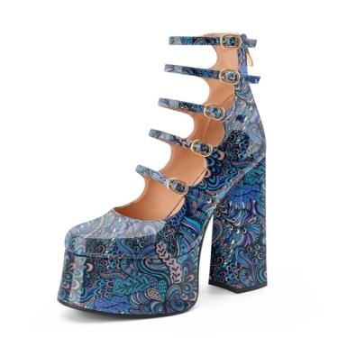 Imagem de Perisis Botas femininas plataforma Mary Janes salto alto bloco grosso cano curto bico fechado botas botas gótico lolita sapatos, Flor azul, 39