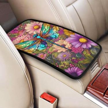 Imagem de indokyeyqaz Almofada universal para console central de carro, flor roxa, libélula, macia, à prova d'água, capa para console central de carro, protetor de caixa de assento para a maioria dos veículos