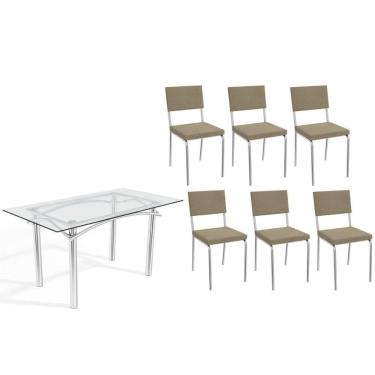 Imagem de Conjunto: Mesa Sala Jantar Elba C- Tampo De Vidro 150cm E 6 Cadeiras Zaria Cromada - Boucle Bege - Kappesberg