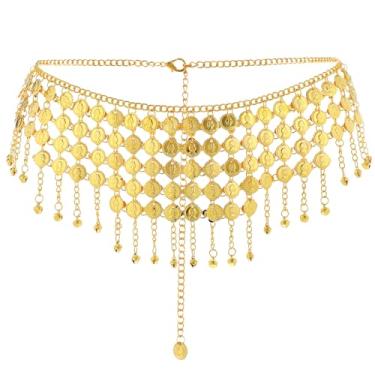 Imagem de Yolev Cinto de moedas de ouro moeda dança do ventre lenço ajustável ouro corrente de barriga franja moeda saia para mulheres dançarina do ventre fantasia de Halloween acessório para festas