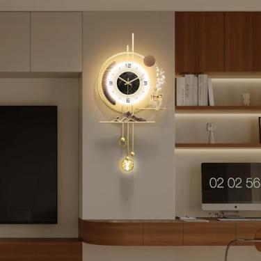 Imagem de Relógio de parede moderno para sala de estar, relógio de parede decorativo grande dourado com luz, relógio silencioso criativo operado por bateria para cozinha/entrada/quarto/escritório/sala de jantar