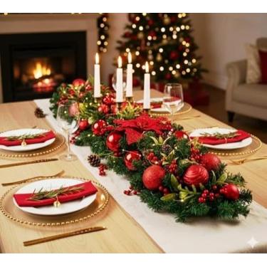 Imagem de Centro de Mesa Natalino Luxo Grande 90cm, Decoração de Natal com Pinhas e Bolas Decorativas, Vermelho e Dourado