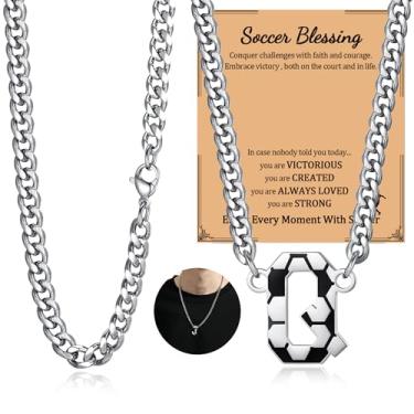 Imagem de NUKAYAI Colar de futebol com letra A a Z para homens, pingente de pingente de aço inoxidável, corrente de prata, acessórios de joias, material de 50,8 cm, colares personalizados, presentes de futebol
