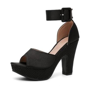 Imagem de Navasen Sandália feminina plataforma salto bloco peep toe tira no tornozelo, vestido de casamento, Preto, 40