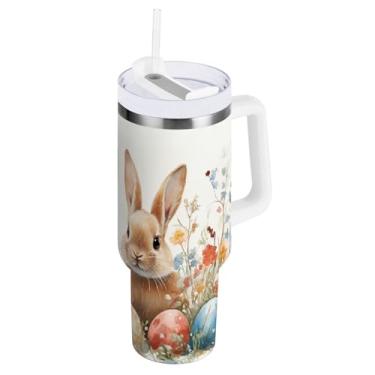 Imagem de ATTX Coelho fofo da Páscoa de 1,134 g (5) copo com alça, copo de aço inoxidável a vácuo de parede dupla com palha, caneca de café de viagem isolada #80