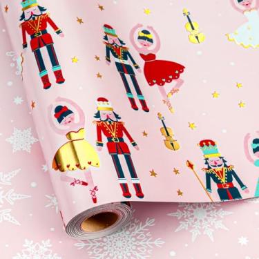 Imagem de MAYPLUSS Papel de embrulho de Natal reversível quebra-nozes, papel de embrulho rosa para meninas, papel metálico rosa e quebra-nozes dourado para balé e floco de neve (mini rolo, 43 x 83 cm)