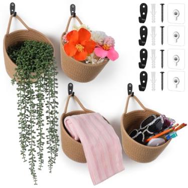 Imagem de Pacote com 4 cestas de tecido para pendurar na parede com ganchos adesivos boho decoração bolsa montada cesta de juta flores plantas conjunto de decoração para sala de estar, quarto, cozinha, 16,5 x