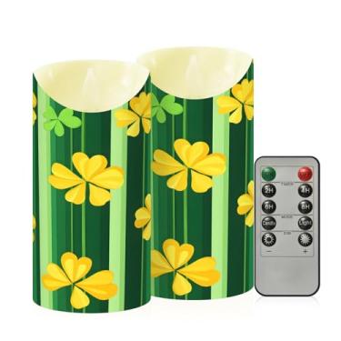 Imagem de Wassud Pacote com 2 velas sem chama listradas verde-cravo amarelo com controle remoto, velas realistas cintilantes com temporizador, velas decorativas para Natal, casamento, festa, decoração de casa