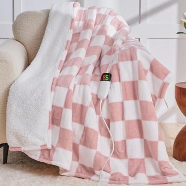 Imagem de Cobertor aquecido rosa claro, tamanho solteiro elétrico, 152 x 213 cm, cobertor de aquecimento com 10 níveis de calor e 8 horas de desligamento automático, cobertores xadrez de lã de ovelha macia
